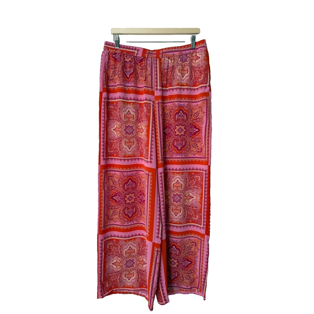 Rachel Roy Pink Paisley Wide‎ Leg Pants Boho Scarf Print Elastic Waist Womens L
